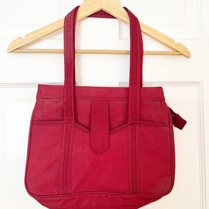 Vintage Red Canvas Shoulder Bag with Zipper Pockets 13.5 x 11
